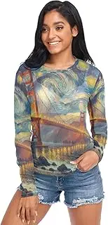 [RPLIFE] Golden Gate Bridge Starry Night Sheer Shirts, Long Sleeve Sheer Tops for Women S-XXL