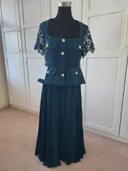 SELF-PORTRAIT chiffon midi pleated top and skirt lace dress teal blue AU/UK 16