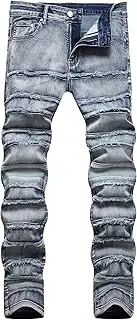 [Zylphorix] Men's High Street Raw Edge Ripped Jeans Retro Casual Hip Hop Denim Pants Y2K Classic Comfy Embroidered Trousers, Light Blue, 38