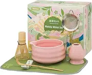 YEEMUOS Matcha whisk Set,7 Pcs Matcha Making Kit with whisk Whisk, Ceramic Bowl, Sifter, Scoop, Holder, Stand, and Tea Towel for Ultimate Matcha Experience(Pink)