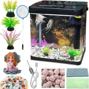 Aquarium Betta Fish Tank Glass Pump Net LED Light Plants Ornament Stone 2.3 Gal
