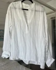 NWT VINCE Women’s Popover Variable Stripe Blouse OPTIC WHITE BLACK Rayon Sz L