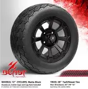 GOLF CART 12" MATTE BLACK CYCLOPS WHEELS and 20"x10"-12" GECKO TURF STREET TIRES