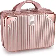 [JIUSEGE] Portable Makeup Travel Case Hand Luggage 14 Inch, Pressure-Proof ABS Carrying Makeup Case Suitcase with Elastic Band, Small Hard Shell Cosmetic Case for Travel Camping Women Girl Rose Gold