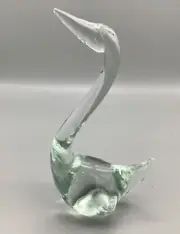 Vintage 1980’s Hand Blown Art Glass Swan Figurine Paper Weight Clear/Hint Green