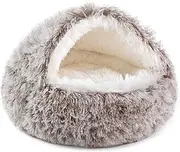 NOYAL Dog Bed Round Hooded Plush Cat Cave Donut Anti Anxiety Fluffy Dog Bed for Small Medium Dog and Cat,Gradual Brown,Small 19.6'', (DC068-Gradual brown-50cm)