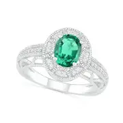 Oval Lab-Created Emerald and White Sapphire Frame Scallop Border Shank Antique Vintage-Style Ring in Sterling Silver