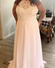 JJs House A Line High Neck, Floor Length, Lace Accent Chiffon Wedding Dress 24W