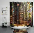 Green Botanical Vintage Bookshelf Library Shower Curtain Set for Bathroom Decor