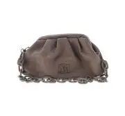 Badgley Mischka Leather Clutch Taupe Grey/Brown Removable Chunky Chain Strap NEW