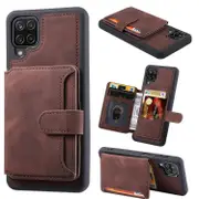 For Samsung Galaxy A12 M12 RFID Blocking Phone Case Leather Coated TPU Cover with Kickstand Wallet Espresso Coffee