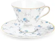 [fanquare] White Tea Cup and Saucer, Vintage Blue Floral Print Tea Cups for Women Gift, Retro Bar Coffee Mug for Cappuccino Latte, 5oz