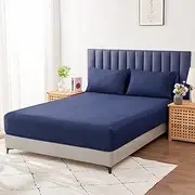 LINENOVA Luxury Cotton Blend Fitted Sheet Only- Soft & Breathable Single Size Fitted Sheet with 40cm Deep Pocket - Shrinkage & Fade Resistant - Navy(1 Piece)