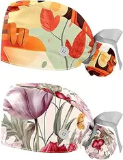[YTYVAGT] 2-Pc,Nurse Scrub Caps,Scrub Hats with Buttons and Cotton Sweatband,Welcome Home Funny Dog Red Car Tree