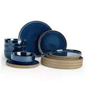 Nature Plates and Bowls Sets, 12 Pieces Stoneware Dinnerware Midnight Blue