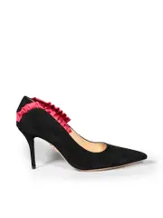 Black Suede Ruffle Trim Pumps