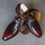 Men Handmade Two Tone Hand Painted Leather Single Buckle Monk Strap Formal Shoes
