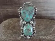 Large Navajo Sterling Silver Turquoise Adjustable Ring Size 10 to 12 - Cleveland