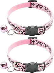 Reflective 2 Pack Breakaway Cat Collars with Bell Leopard Pattern Cute Kitty Adjustable 7.5-12.5 Inch Safe Kitten Collars Charms (Pink)