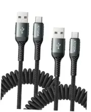 USB C Cable Coiled 3FT 2Pack, Braided USB A to 3FT - 2Pack Black USB A to USB C