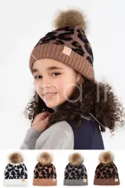 C.C Exclusive Kids Leopard Animal Knit Warm Winter Beanie Skull Cap Hat with Pom