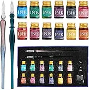 GC Glass Dip Pen Set - 2 Glass Dip Pens, 12 Multicoloured Ink, 1 Pen Holder and 1 Cleansing Cup - for Greeting Cards, Poster Cards, Signatures, Calligraphy, Drawing, Writing, Decoration and Gift GC-16
