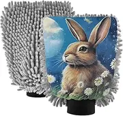 XYMZR Blue Moon Rabbit Daisy Absorbent Microfiber Car Wash Mitt, Funny Cute Anime Scratch Free for Cars Cleaning, Home Cleaning Mitts, 2 Pack, 10.24” L x 7.09” W