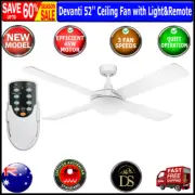 Devanti 52 inch (1300mm) White Ceiling Fan with Light and Remote Control White