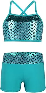 [RUNQHUI] Kids Girls 2Piece Sequins Active Suit Teens Girl Gymnastics Cross Back Crop Top and Shorts Set