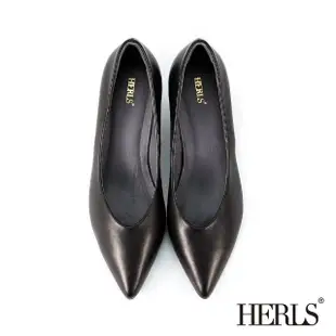 【HERLS】跟鞋-極簡全真皮素面尖頭粗跟鞋(黑色)
