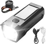 Cycling Front Light, Night Cycling Solar USB Rechargeable Lights, Horn Included Illumination Solution, Rain-Proof Lamp Handlebar Mount for Men, Women, Teens