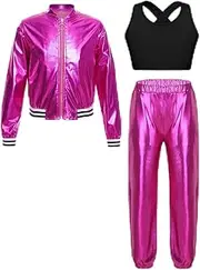 [Miutii] Kids Girls Sparkle Hip Hop Jazz Dance Dresses Metallic Joggers Pants Set Dancewear