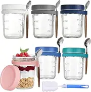 Overnight Oats Container Jars, 6 Pack Glass Airtight Oatmeal Container with Lids and Spoons, 350ML Breakfast Jar with Measurement Marks, Great for Cereal Fruit Vegetable Milk Salad Yogur