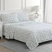 [MARTHA STEWART] Ruth Ditsy Floral 300TC 100% Cotton Percale Sheet Set, Blue/White, 4 Piece - 1 Flat Sheet, 1 Fitted Sheet, 2 Std Pillowcases, Breathable Cotton Printed Bed Sheets, Queen Size