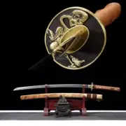 Japanese Katana Damascus Steel Clay Tempered Brass Sword Samurai Battle Ready.