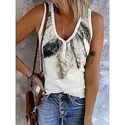 Women's Camisole Tank Top Graphic Abstract Feather Bohemia Vintage Stylish Sleeveless V Neck Regular Tops Daily Print White Red Summer Spring
