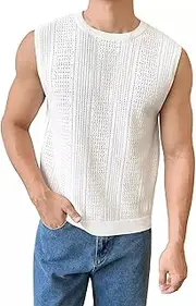 [Generic] Men's Sleeveless Round Neck Knit Tank Top Casual Sweater Vest Men Knitted Sweater Striped Ripped Casual Oversized Long Pullover