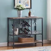 IHOMDEC Wine Rack Table, Industrial Bar Buffet Cabinet for Liquor and Glasses, Rustic Wood and Metal Wine Cabinet with Storage