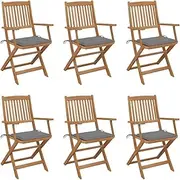 Folding Garden Chairs, 6 Piece Set with Comfortable Grey Cushions, Solid Acacia Wood for Outdoor Patio and Balcony Living