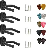 4 Pack Guitar Hanger Hook Holder Wall Mount Display Acoustic Guitar Stand Ukulele Bass Mandolin Banjo Wall Mounts Hangers Black with 10 pcs Picks