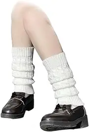 [Leadigol] Goth Knitted Leg Warmers,Lolita Knit Long Socks Leg Warmers,Japanese Long Socks,Punk Knee High Leg Socks,Loose Knitted Leg Warmers Knee High Boot Stockings, White, Large