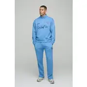 Mens Blue Oversized Boxy Quarter Zip Embroidered Tracksuit