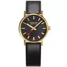 Mondaine EVO2 30mm Gold Plated SS Case Black Leather Sapphire Crystal Watch