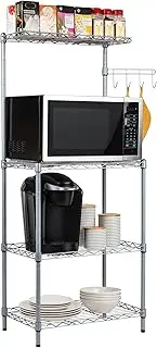 Mind Reader Alloy Collection, 3-Tier Industrial Microwave Stand with Utility Shelf and Drying Hooks, Metal, 21.26" L x 13.39" W x 49.49" H, Silver