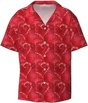 [HVTTIOR] Valentine's Day Red Heart Flower Print Short Sleeve Shirt Cuban Collar Beach Casual Style Summer Vacation Relaxed Fit