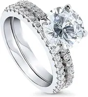 [BERRICLE] Rhodium Plated Sterling Silver Round Cubic Zirconia CZ Hidden Halo Solitaire Engagement Wedding Ring Set 3.41 CTW