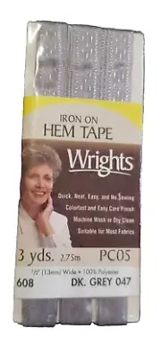 Sealed Vintage Wrights Iron-On Hem Tape 1/2" X 3yd PC05 Dark Grey 047 USA