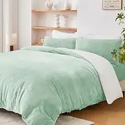 LINENOVA Dual-Sided Teddy Fleece Flannel & Sherpa Quilt Cover Set, Ultra Soft & Warm Reversible Queen Size Duvet Cover, Doubles as a Standalone Blanket with Zipper Closure (3 Pieces, Sage Green)