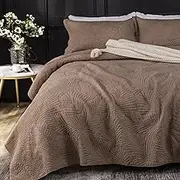 Qucover Coffee Brown Bedspread Soft and Comfortable Cotton Quilted Bedspreads King Size with Elegant Embroidered Palm Leaf Pattern, 3 Pieces Bedspreads Coverlets Sets with Pillowcases for All Seasons