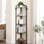 HOMFURN Corner Shelving Unit, 5- Tier Industrial Corner Bookshelf Corner Ladder Shelf Small Bookcase Rustic Plant Stand Rack Freestanding -Rustic Brown